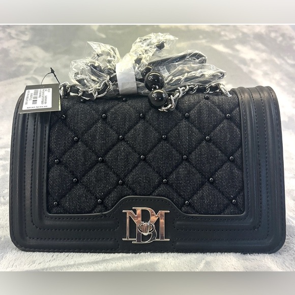 Badgley Mischka Black Denim Diamond Quilted Leather Chain Beaded Crossbody NWT - Picture 2 of 7